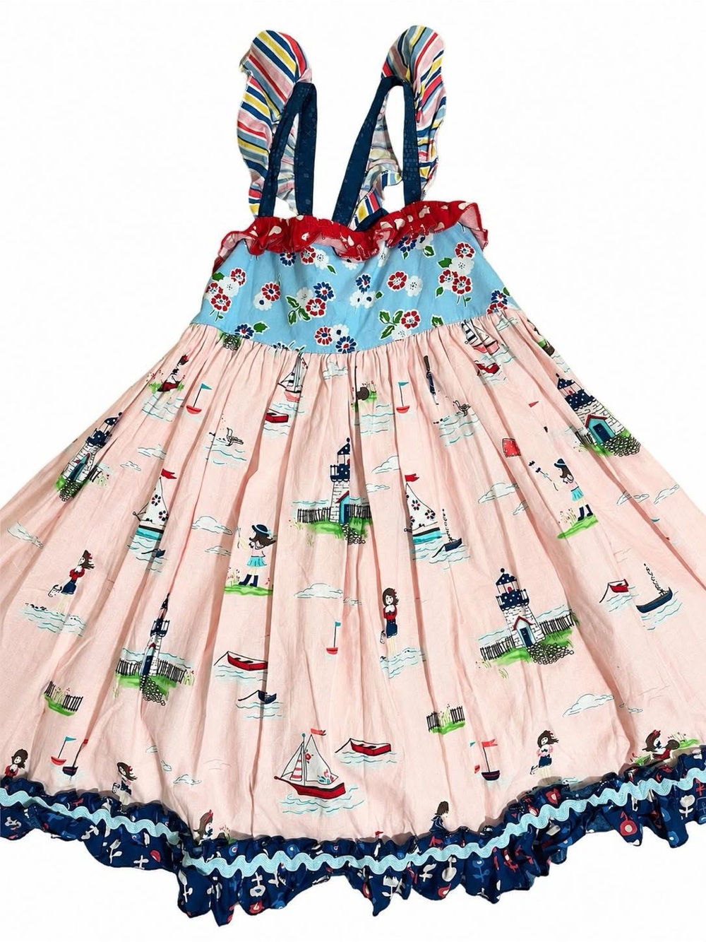 Matilda Jane Pink Nautical Print Ruffled Sundress with Blue Straps size 6